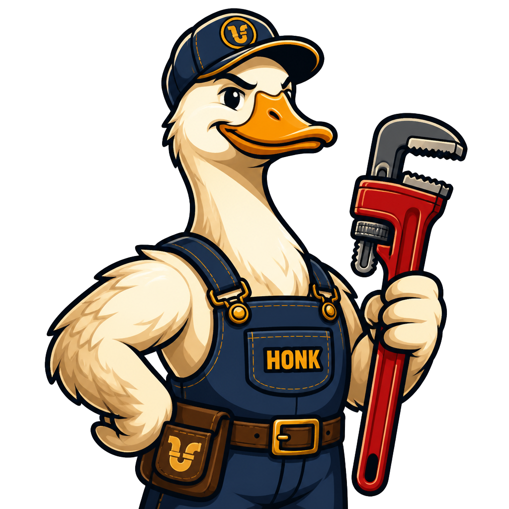 Plumbing Goose mascot holding a pipe wrench